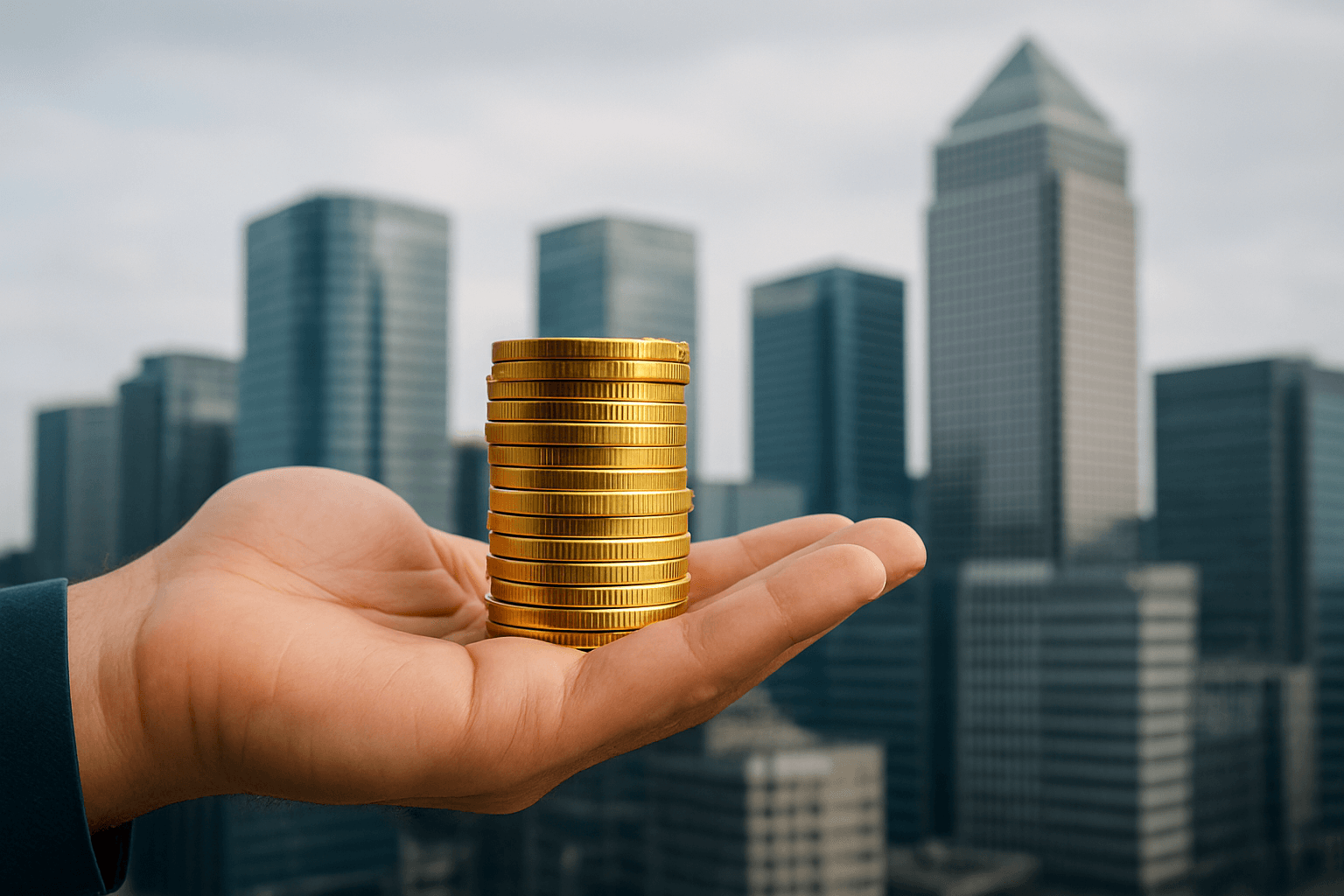 Hand holding coins with buildings in background