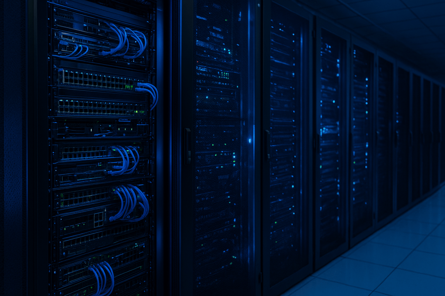 Server room with network equipment and blue lighting
